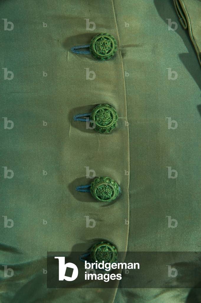 Wedding dress, 1874 (close-up view of buttons), Silk satin, taffeta, Maker unknown