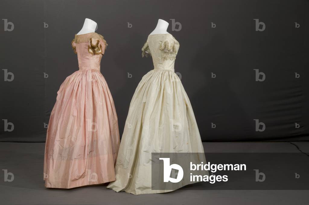 Bridesmaid dress and flower girl dress, 1853 (back oblique view), Silk taffeta, lace, fringe, Maker unknown