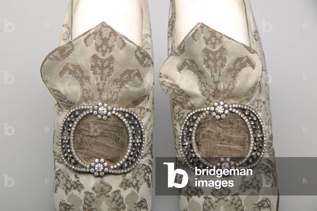 Bertha Palmer's shoes, c.1910 (detail view), Silk satin with metallic thread brocade, rhinestone and metallic thread buckle, F, Pinet, Paris