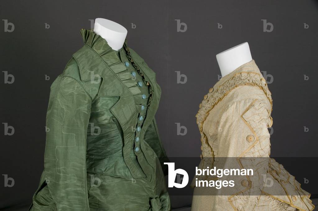 Trousseau dress, 1875 (silk moiré, maker unknown) and trousseau dress, 1880 (cotton twill, silk taffeta, no label)