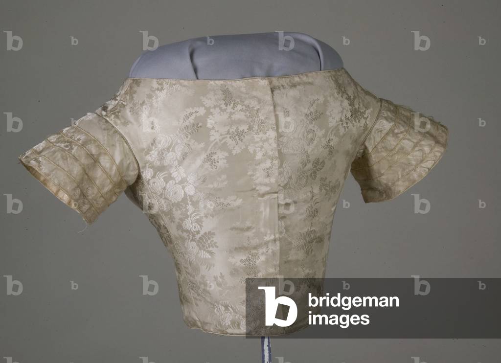 Wedding bodice (back view), 1854, Silk jacquard, satin, net, No label