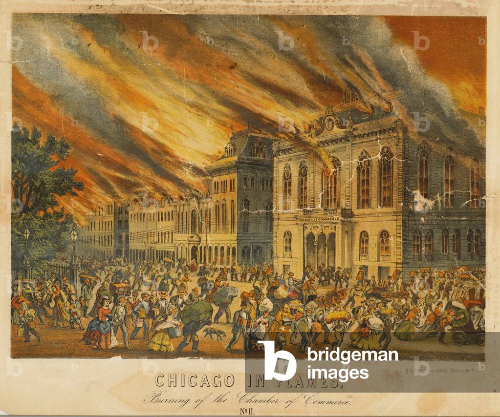 Chicago in Flames: Burning of the Chamber of Commerce (colour litho)