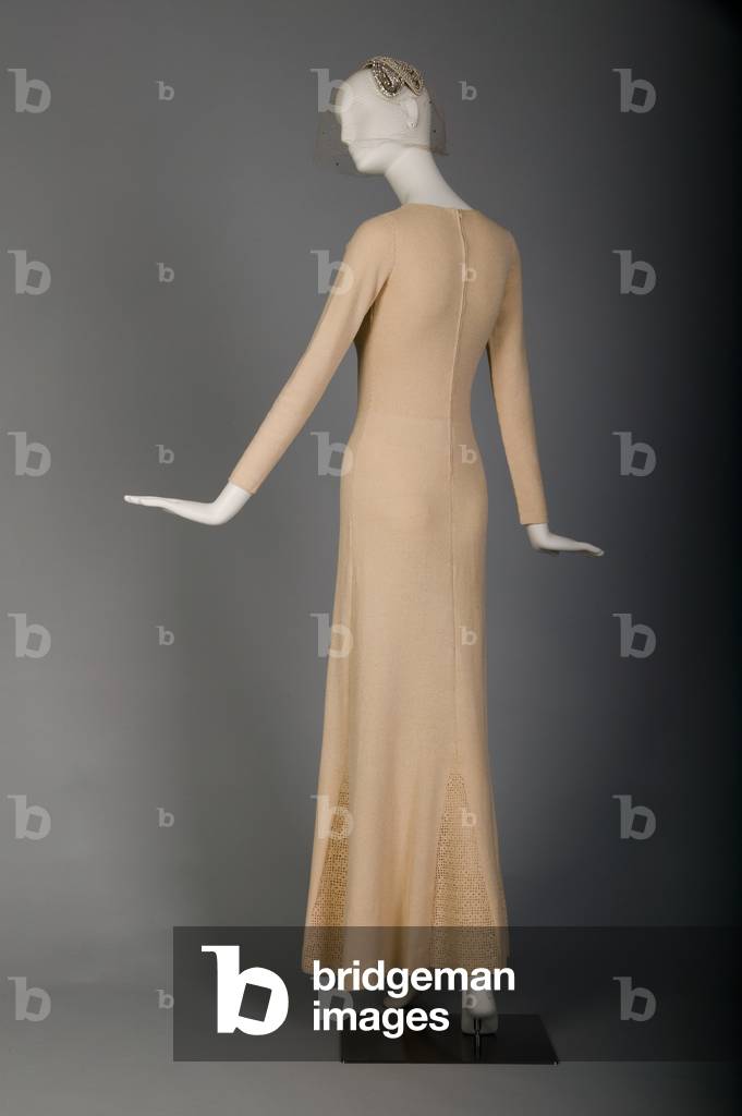 Wedding dress, 1975 (back oblique view), Silk thread knit and crochet, by Mady Gerard, Hat, 1975, by Bes-Ben
