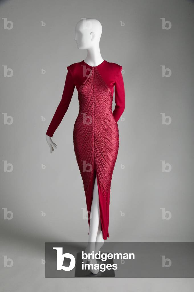 Evening dress, 1979 (front view), Red silk jersey with draped fringe, Bill Blass