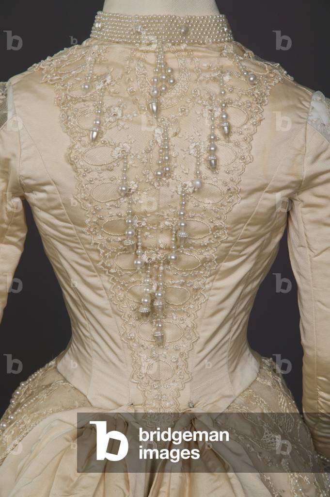 Wedding dress, 1887 (detail view of back of bodice), Silk faille, net, lace, pearl, E. E. Holland, Chicago