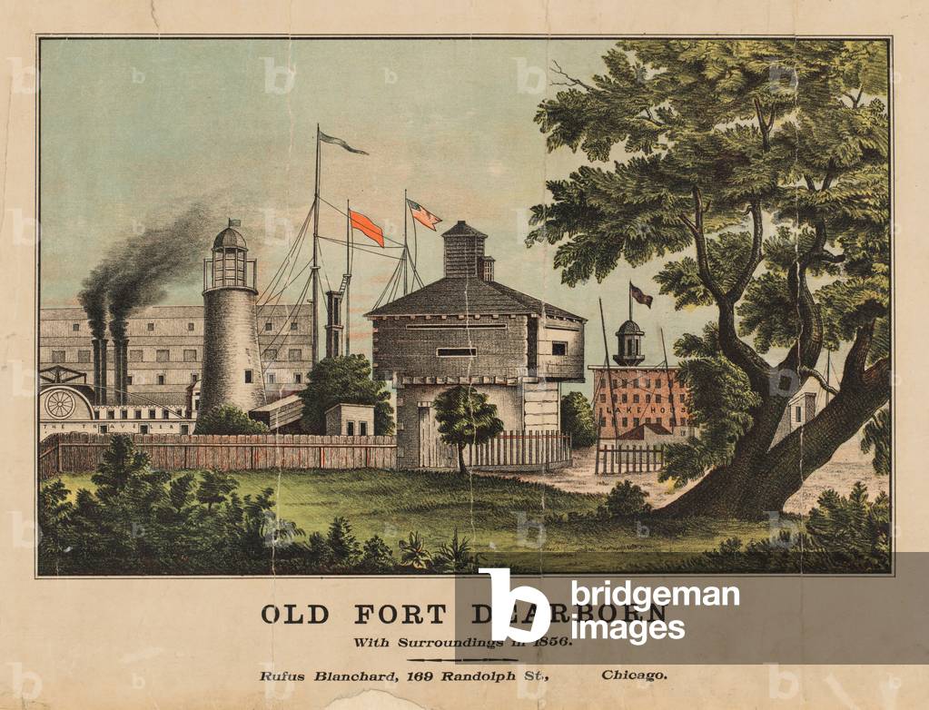 Fort Dearborn and surrounding area in 1856 (colour litho)