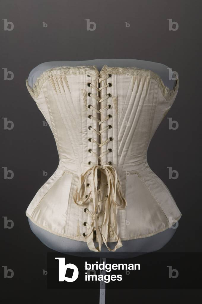 Wedding corset, 1874, Silk satin, lace, Maker unknown