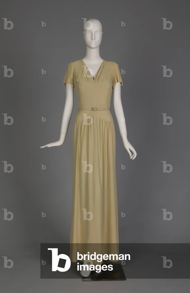 Bridesmaid dress, 1944 (front view), Cotton crepe, silk ribbon, Maker unknown