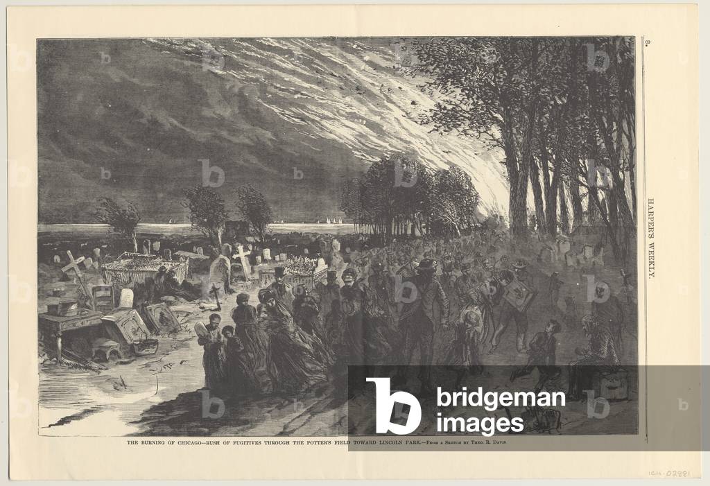 The Burning of Chicago - rush of fugitives through the potter's field toward Lincoln Park, illustration from 'Harper's Weekly', 1871 (engraving)