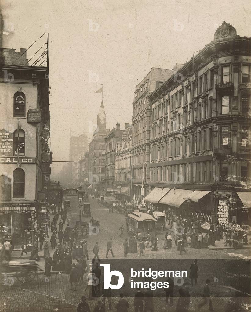 View of Madison Street looking west from State Street, Chicago, 1889 (b/w photo)