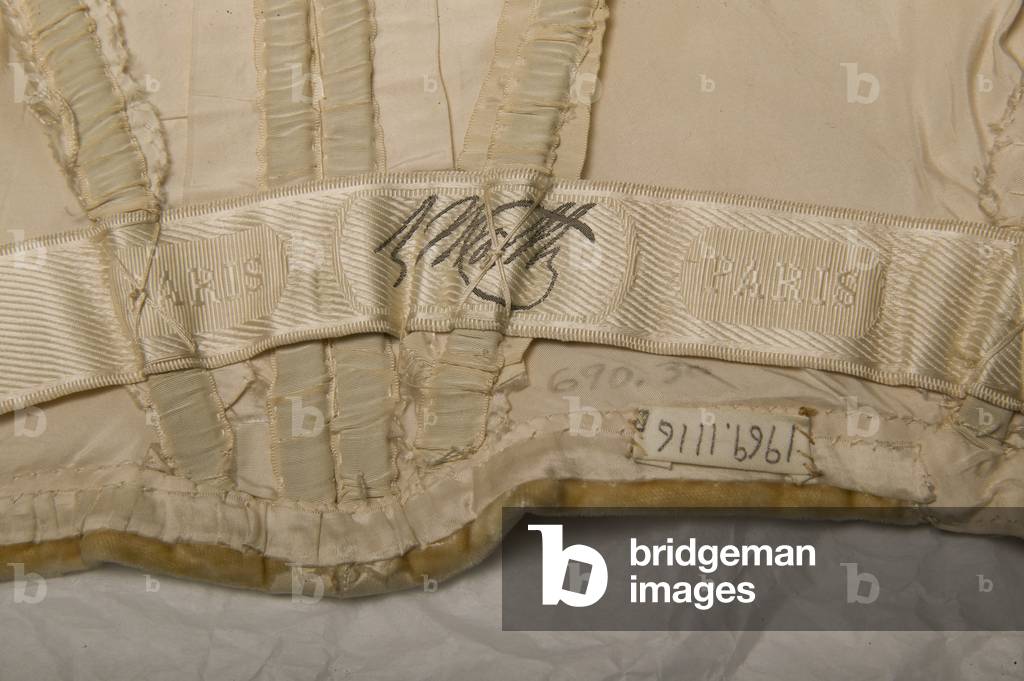 House of Worth maker label from inside evening gown belonging to Bertha Palmer, 1900, Worth, Paris