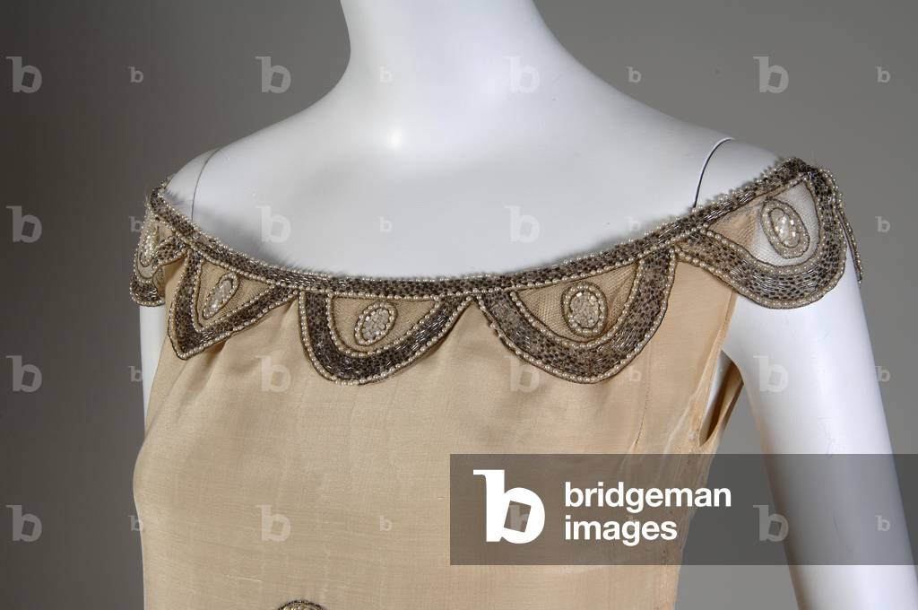 Robe de Style, 1927 (view of bust detail), Silk moiré, glass beads, pearls, metallic thread, Jeanne Lanvin, France