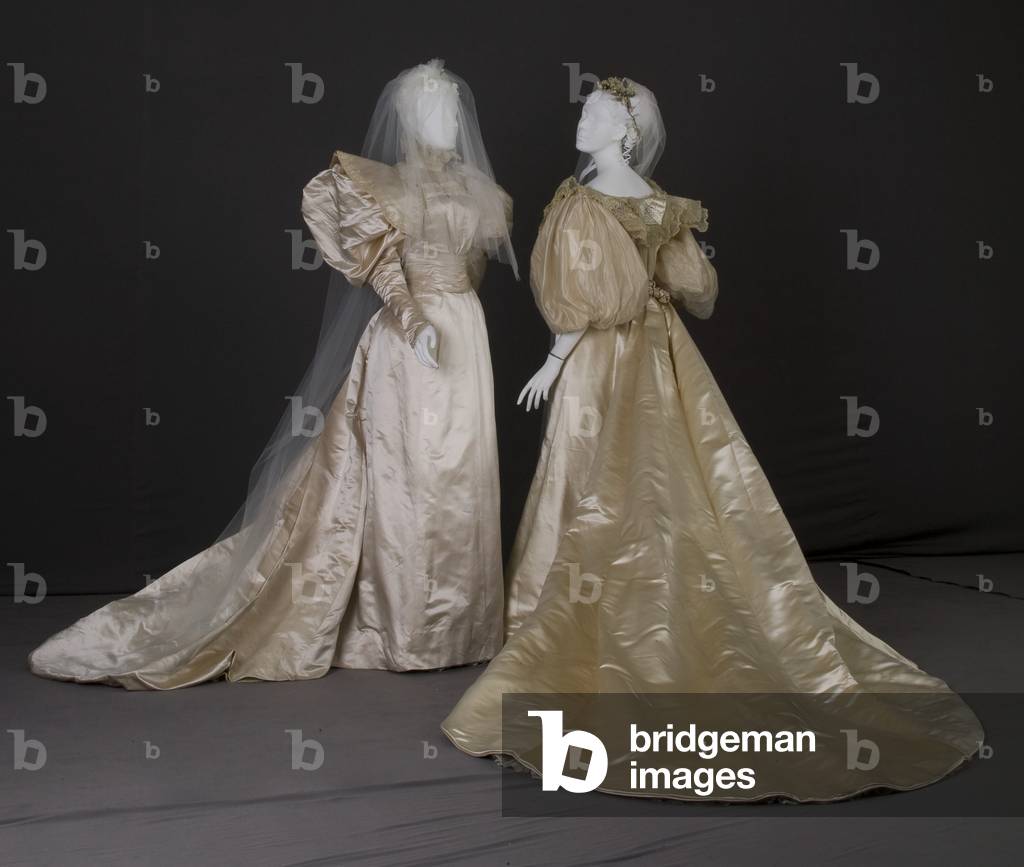 Wedding dresses, 1890s, Silk satin, chiffon, lace, pearls.