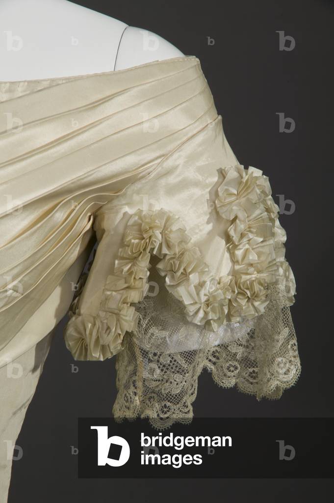 Bridesmaid dress, 1853 (detail view of sleeve), Silk taffeta, lace, fringe, Maker unknown