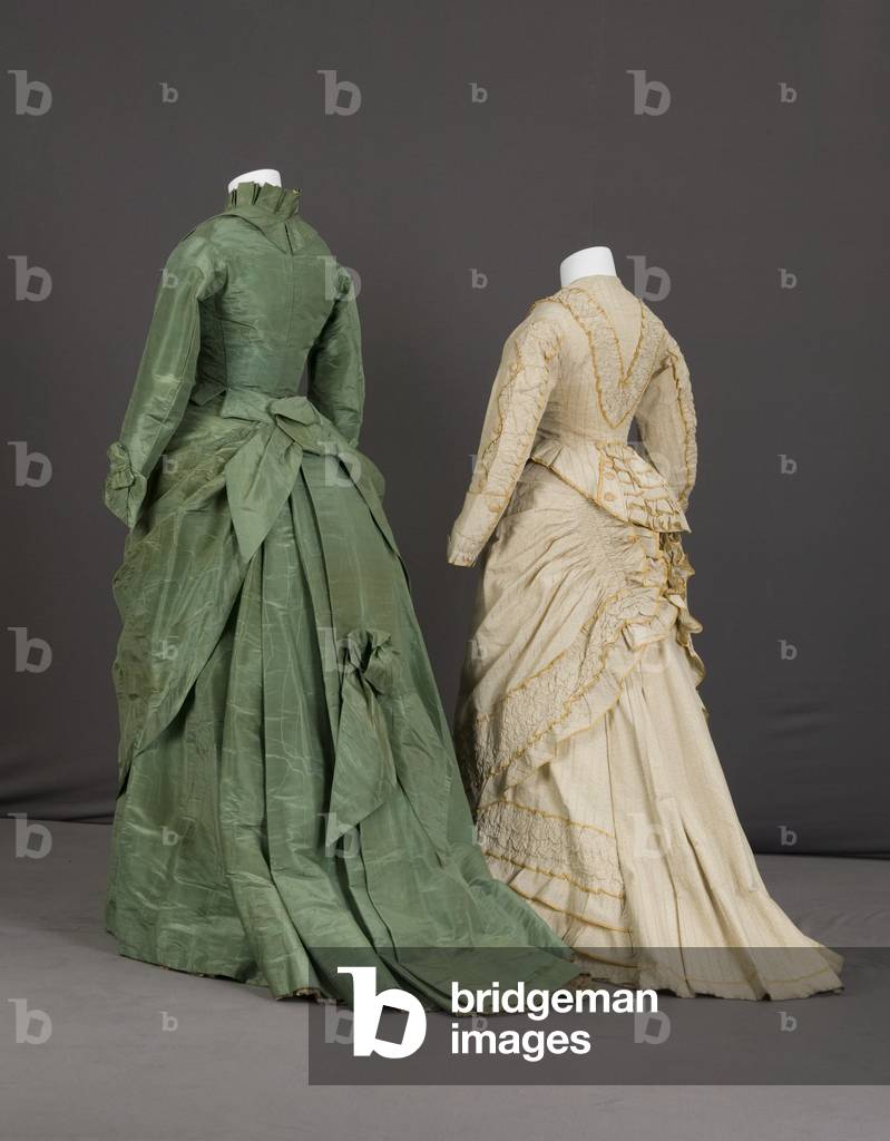 Trousseau dress, 1875 (silk moiré, maker unknown) and trousseau dress, 1880 (cotton twill, silk taffeta, no label), Back view