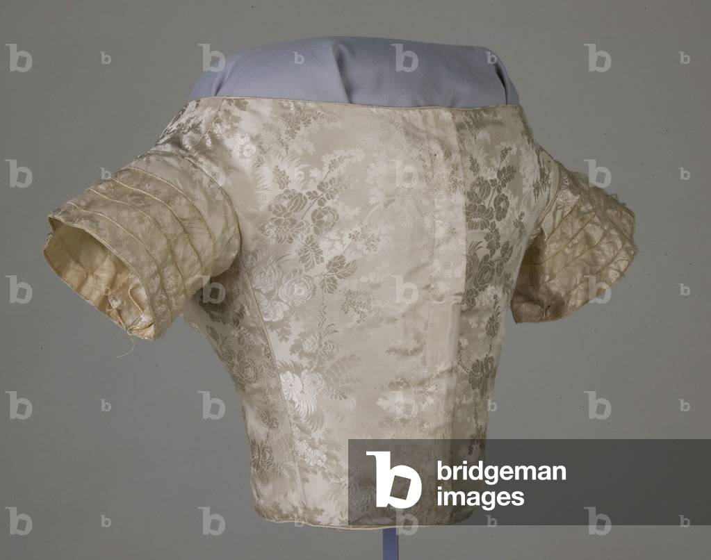 Wedding bodice (back oblique view), 1854, Silk jacquard, satin, net, No label