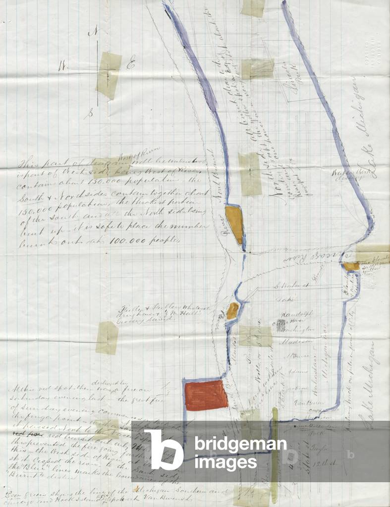 Joel Bigelow's hand-drawn map of the burnt district, Chicago 1871