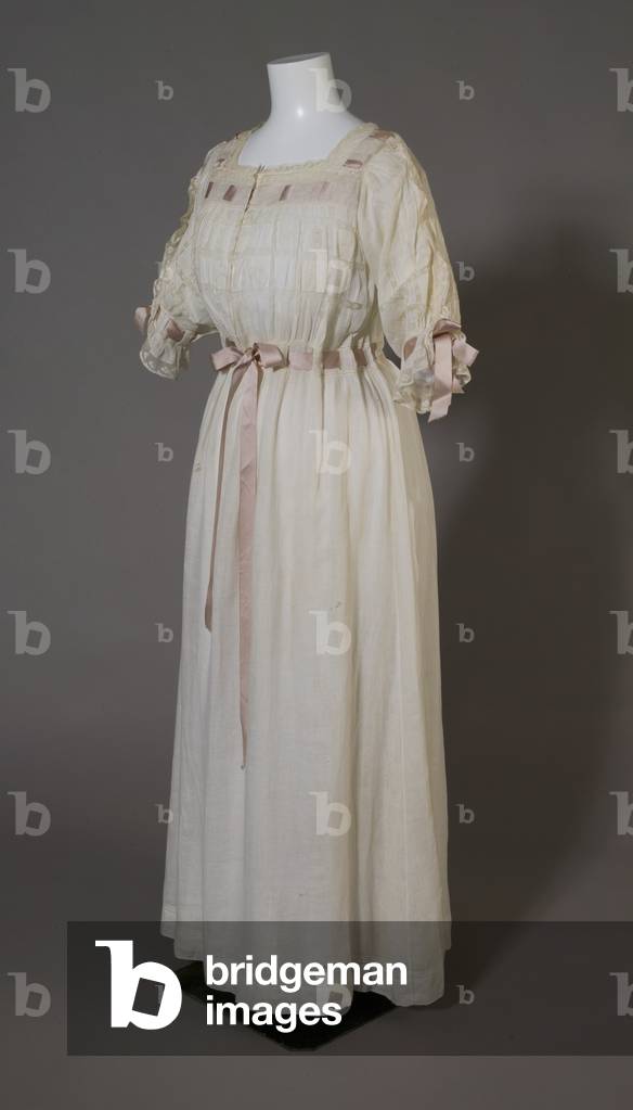 Bertha Palmer's nightgown, c.1880 (front oblique view), White cotton, lace, embroidery, and silk ribbon.
