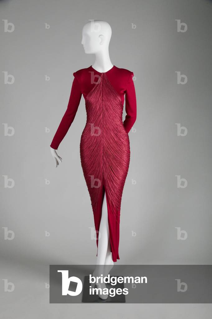 Evening dress, 1979 (front view), Red silk jersey with draped fringe, Bill Blass