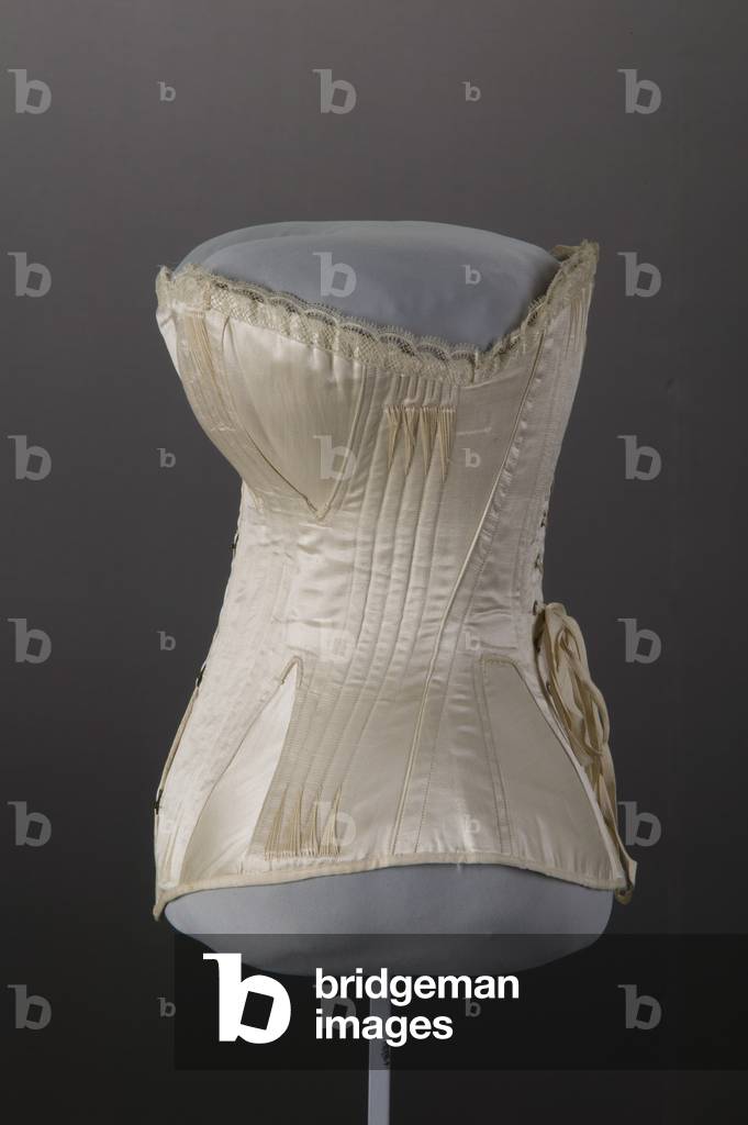 Wedding corset, 1874, Silk satin, lace, Maker unknown