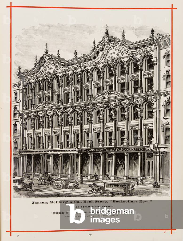Jansen, McClurg and Company bookstore at 117 and 119 State St., Chicago. Illustration in 'The Merchants and Manufacturers of Chicago Illustrated', 1873 (litho)