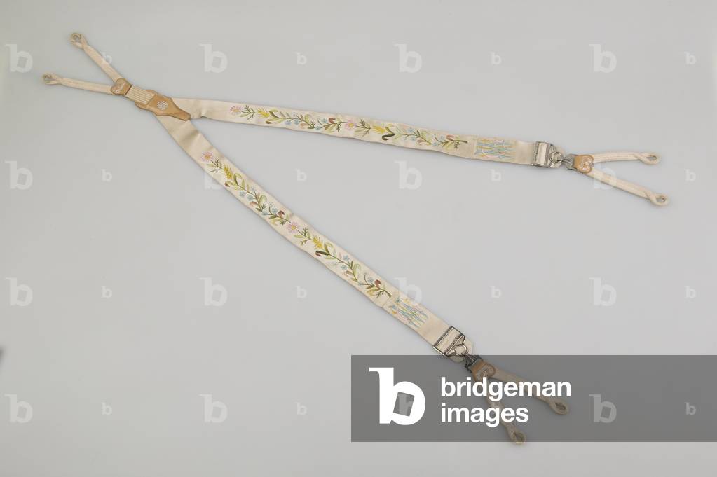 Suspenders, c.1880, Emroidered white satin, leather, silver, Maker unknown