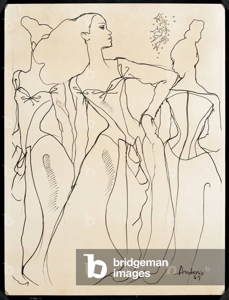 Costume design drawing of ball gown with low décolleté princess seaming, long raglan sleeves, billowing skirt, and draped front panel