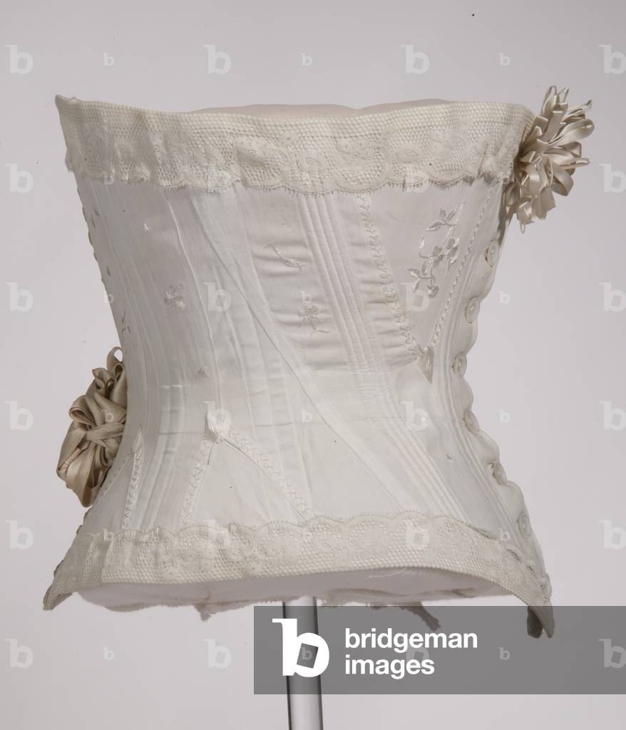 Corset, 1898 (side view), Cotton coutil, silk thread, lace, metal, Maker unknown