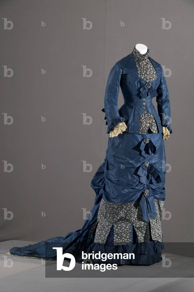 Bridesmaid dress, 1879 (front oblique view), Silk taffeta, brocade, lace, Maker unknown