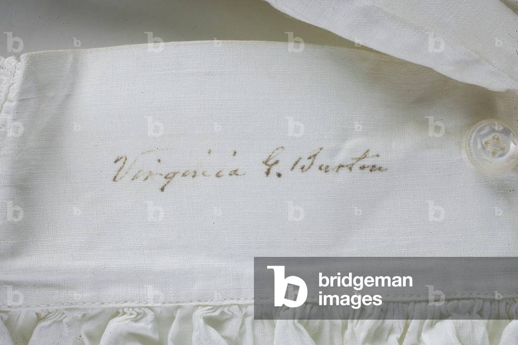 Wedding-night nightgown, 1866 (view of signature inside collar), Cotton batiste, cotton thread embroidery, No label