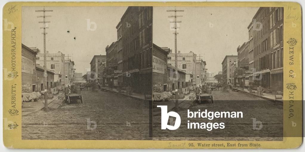Stereograph of view of Water Street looking East from State Street, Chicago, c.1870 (b/w photo)