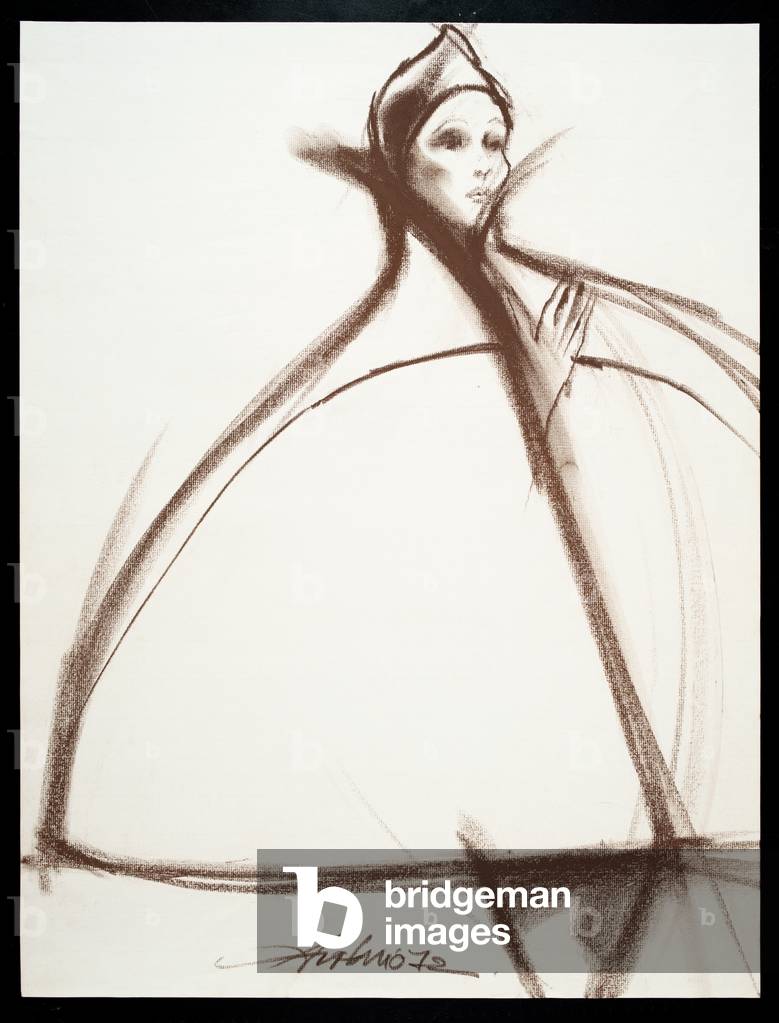 Bell-shaped cape with standing collar and hood