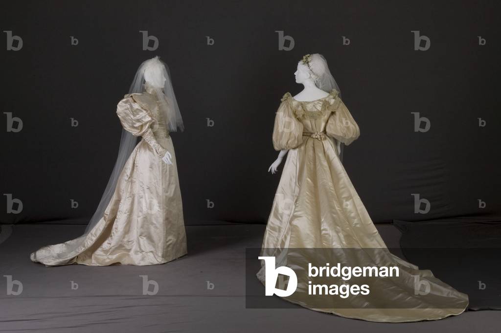 Wedding dresses, 1890s, Silk satin, chiffon, lace, pearls.