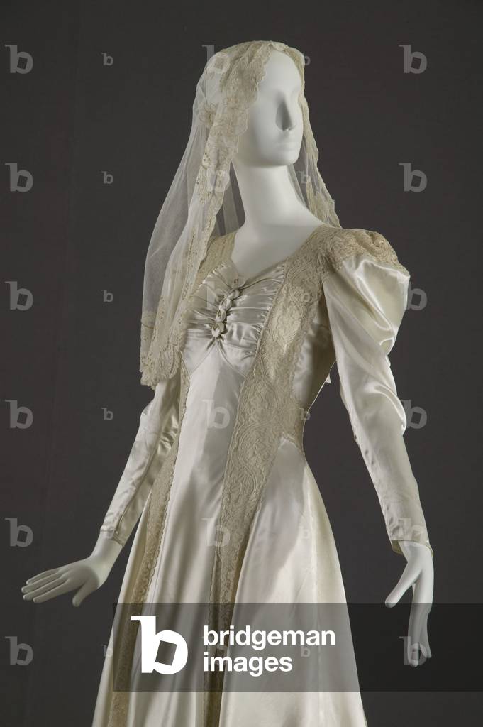 Wedding gown and veil, 1941 (partial front oblique view), Silk satin, lace, Maker unknown