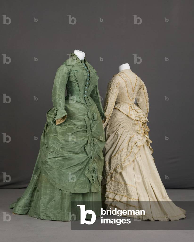Trousseau dress, 1875 (silk moiré, maker unknown) and trousseau dress, 1880 (cotton twill, silk taffeta, no label)