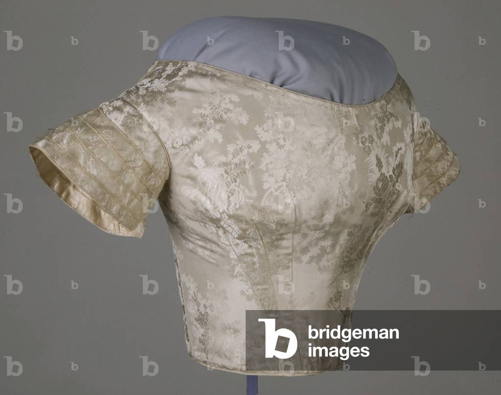 Wedding bodice (front oblique view), 1854, Silk jacquard, satin, net, No label
