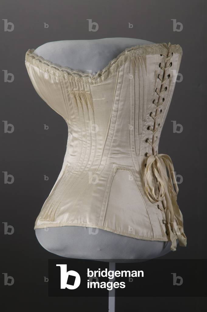 Wedding corset, 1874, Silk satin, lace, Maker unknown