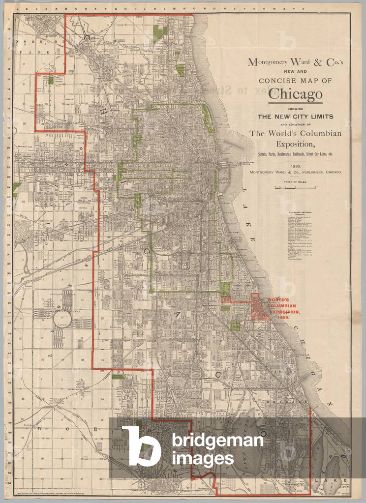 New and Concise Map of Chicago, Showing New City Limits and Location of World's Columbian Exposition, Chicago, Illinois, 1892