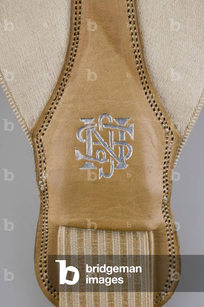 Suspenders, c.1880 (detail view), Emroidered white satin, leather, silver, Maker unknown