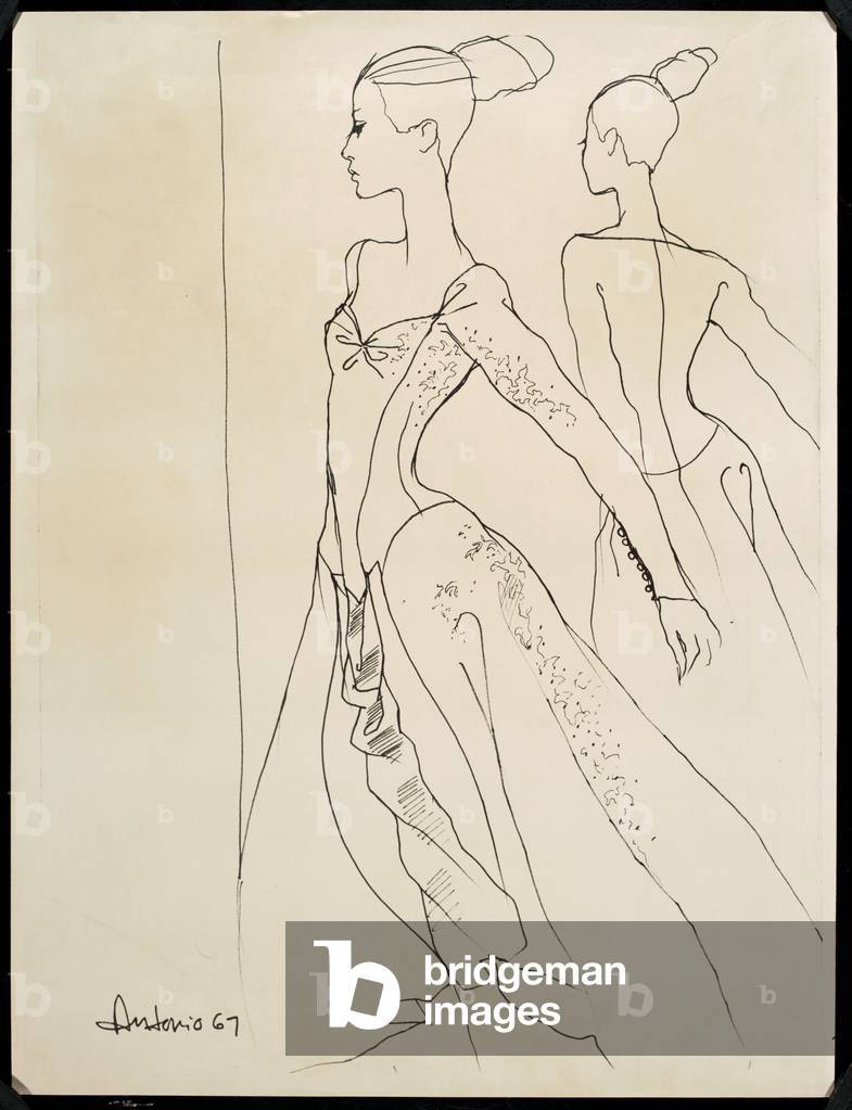 Costume design drawing of ball gown with low décolleté princess seaming, long raglan sleeves, billowing skirt, and draped front panel