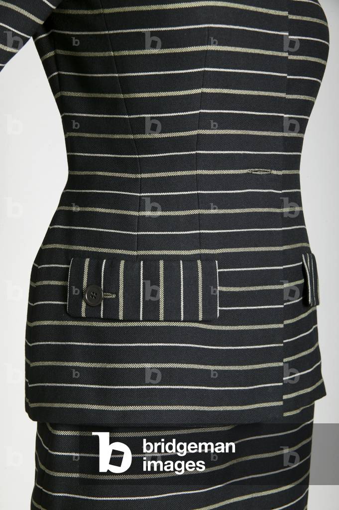 Jacket and skirt ensemble, 1948 (detail view of front pocket), Striped wool, Adrian, U.S.A.