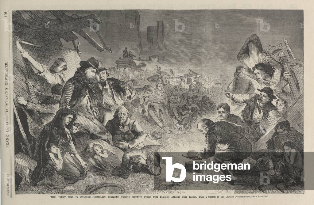 The great fire in Chicago--homeless citizens taking refuge from the flames among the ruins, illustration from 'Frank Leslie's Illustrated Newspaper', 1871 (engraving)