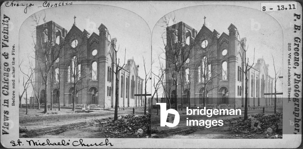 Stereograph of St. Michael's Church after the Chicago Fire of 1871, 1871 (b/w photo on card mount)