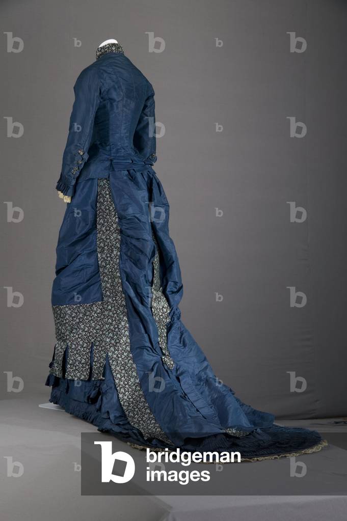 Bridesmaid dress, 1879 (back oblique view), Silk taffeta, brocade, lace, Maker unknown