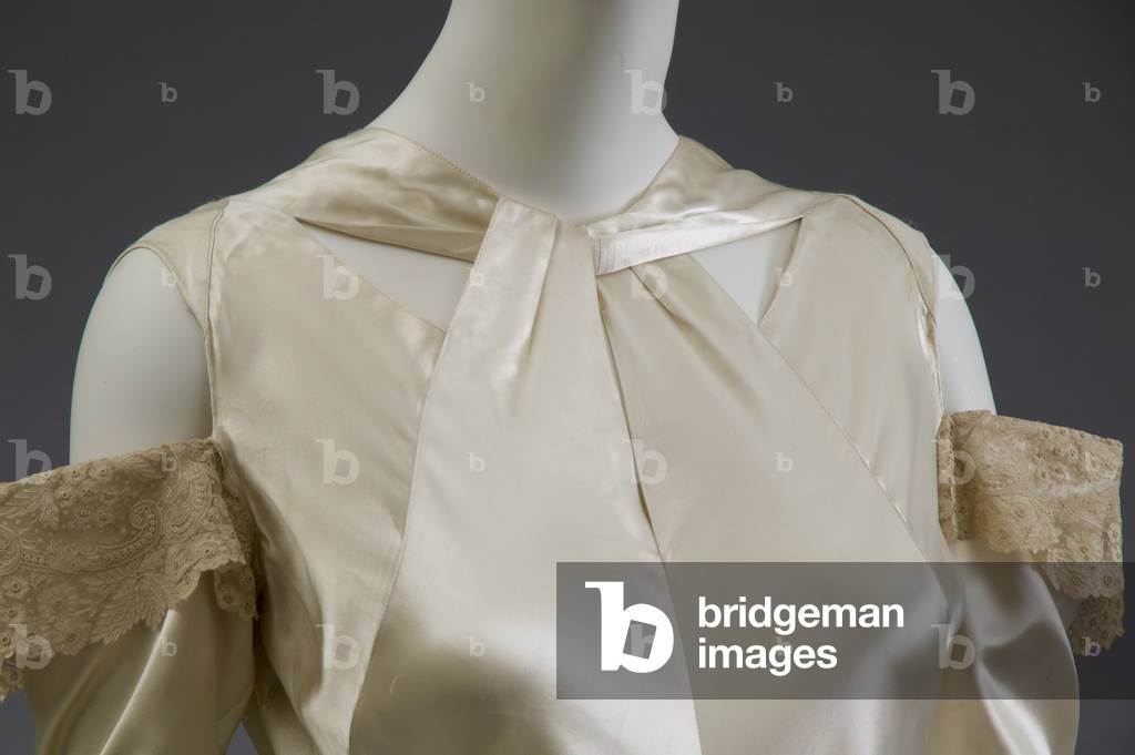 Wedding dress, 1934 (front detail), Silk satin, lace, rhinestones, pearls, Madame Marguerite, Chicago