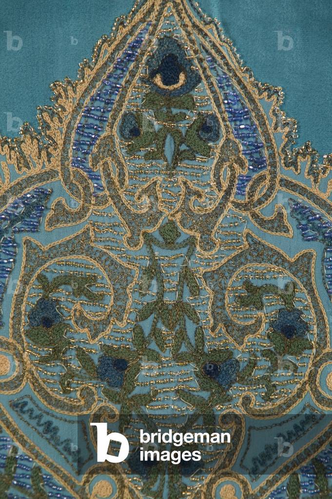 Wedding dress, 1927 (close-up view of hem detail), Silk crepe, glass beads, metallic thread embroidery, Maker unknown