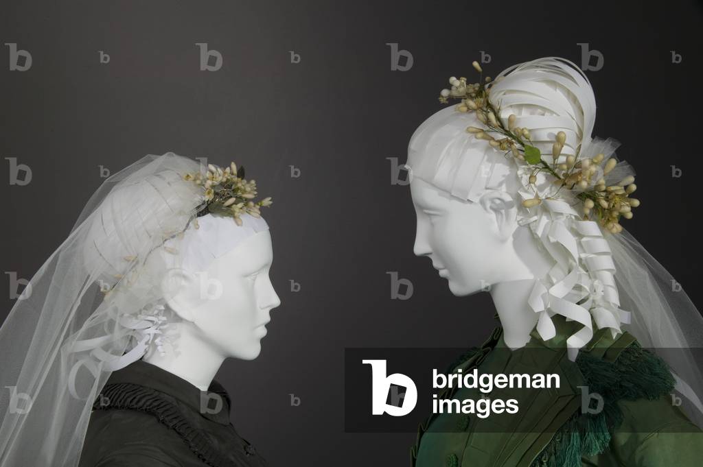 Headdresses worn with 1870s wedding dresses.