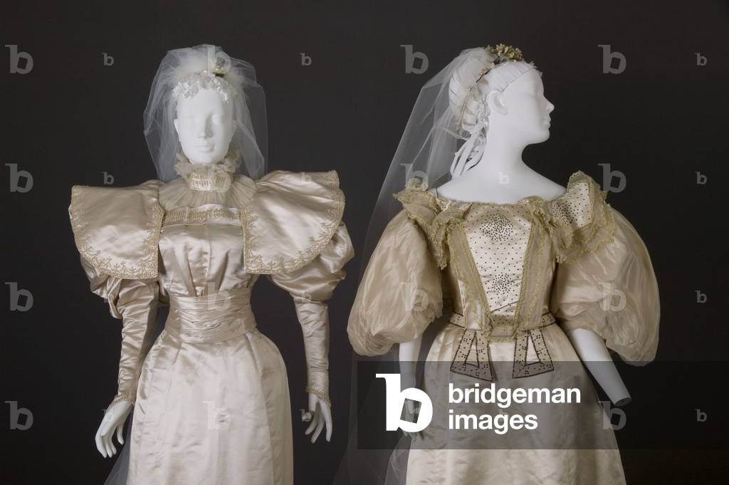 Wedding dresses, 1890s (partial front view), Silk satin, chiffon, lace, pearls.