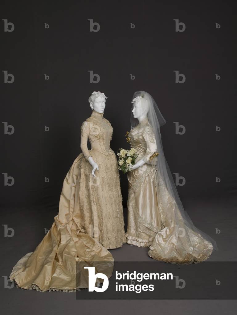 Wedding dresses, 1880s, Silk faille, net, lace, pearl, glass beads