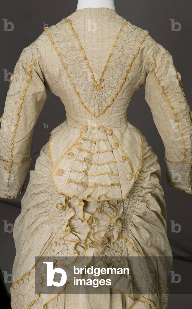 Trousseau dress, 1880 (partial view of back), Cotton twill, silk taffeta, No label
